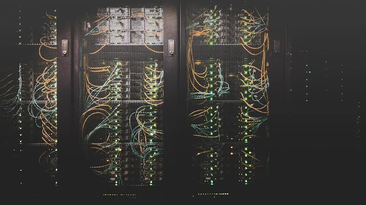 Rows of illuminated servers in a modern data center