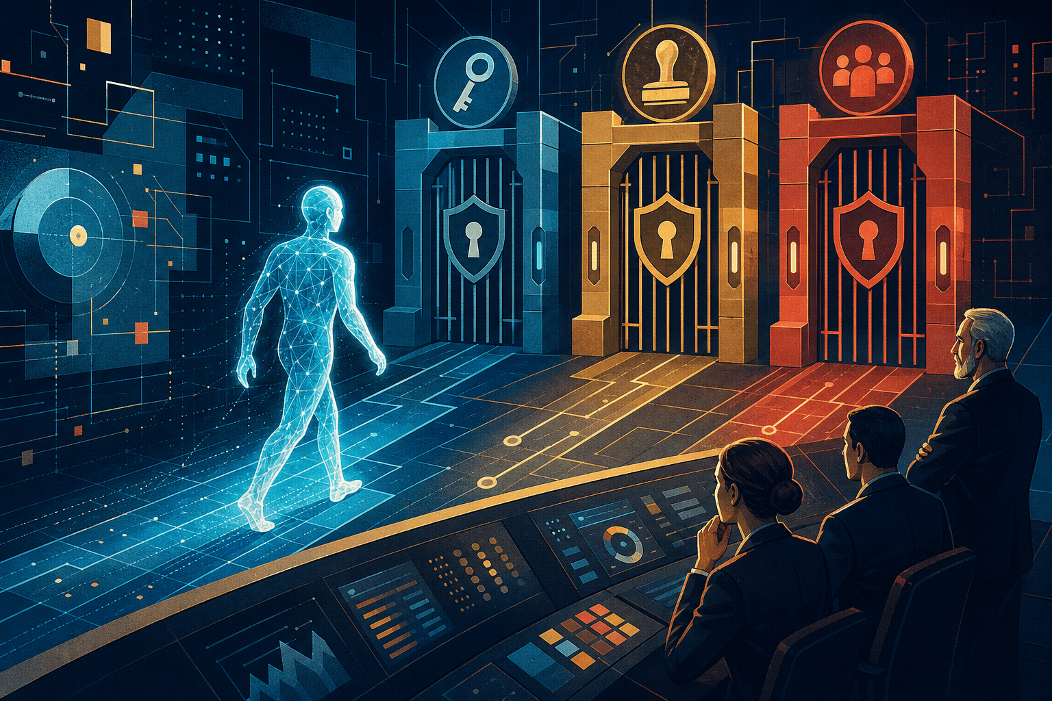 An illustrated AI agent approaching guarded permission gates under human supervision