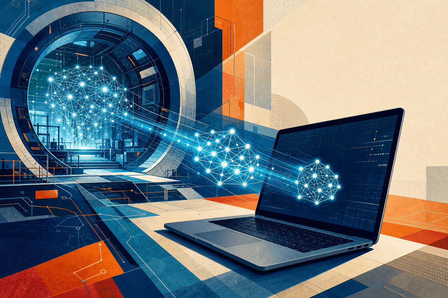An illustrated neural network moving from a large research chamber into a laptop
