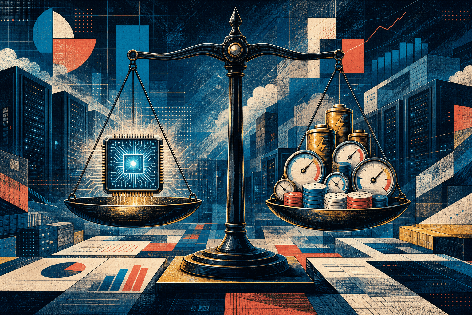 An illustrated balance weighing an AI chip against energy cells and usage meters